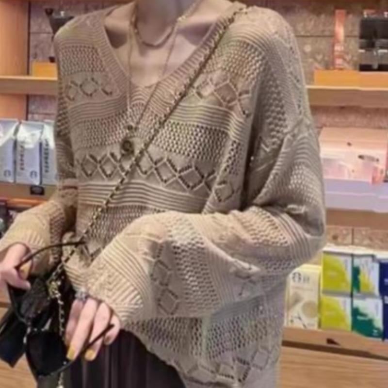 Spring Thin Long Sleeve Hollow Casual Knitted Sweater Women Elegant Solid Fashion Loose Pullover Sweaters Women Summer New Slim Simple Knitwear 26590