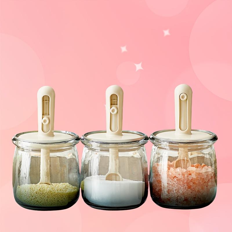 3pcs Glass Spice Jars with Airtight Lids , Retractable Spoons , Food Grade Moisture Proof Seasoning Containers for Salt, MSG, Herb