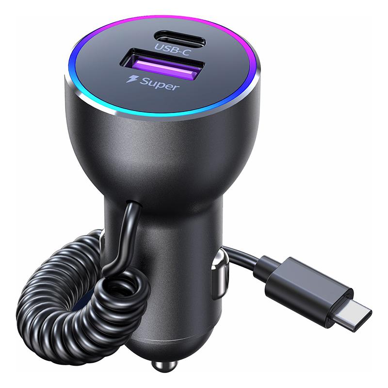 

K16C Dual Ports Fast Charging Car Charger with PD 30W Type C Spring Cable
