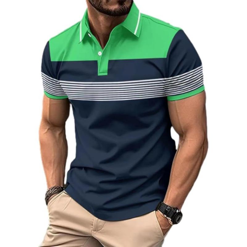 Short Sleeved Men's Fashion Color Blocked Polo Shirt Casual T-shirt Striped Moisture Wicking Golf Shirt Top
