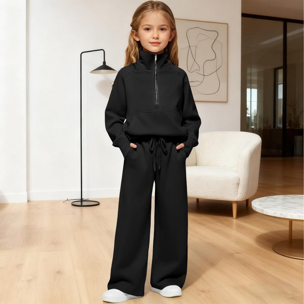 Girls' High,Neck Half,Zip Sweatshirt + Long Pants Sports Fleece Casual Children's Set