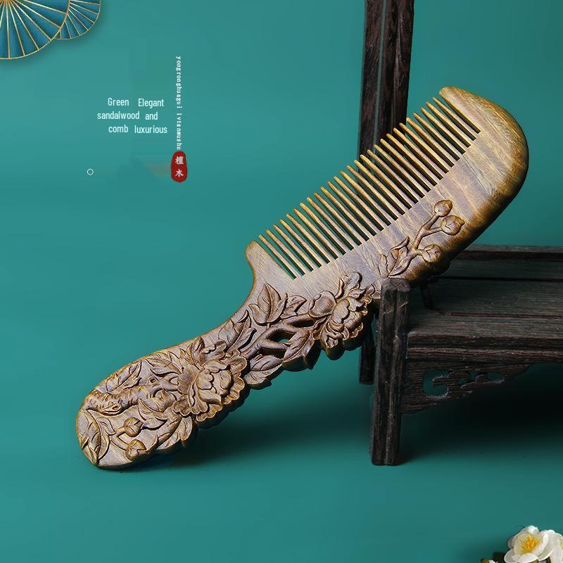 Green Sandalwood Carved Comb for Women - Long Hair Engraving Gift Comb