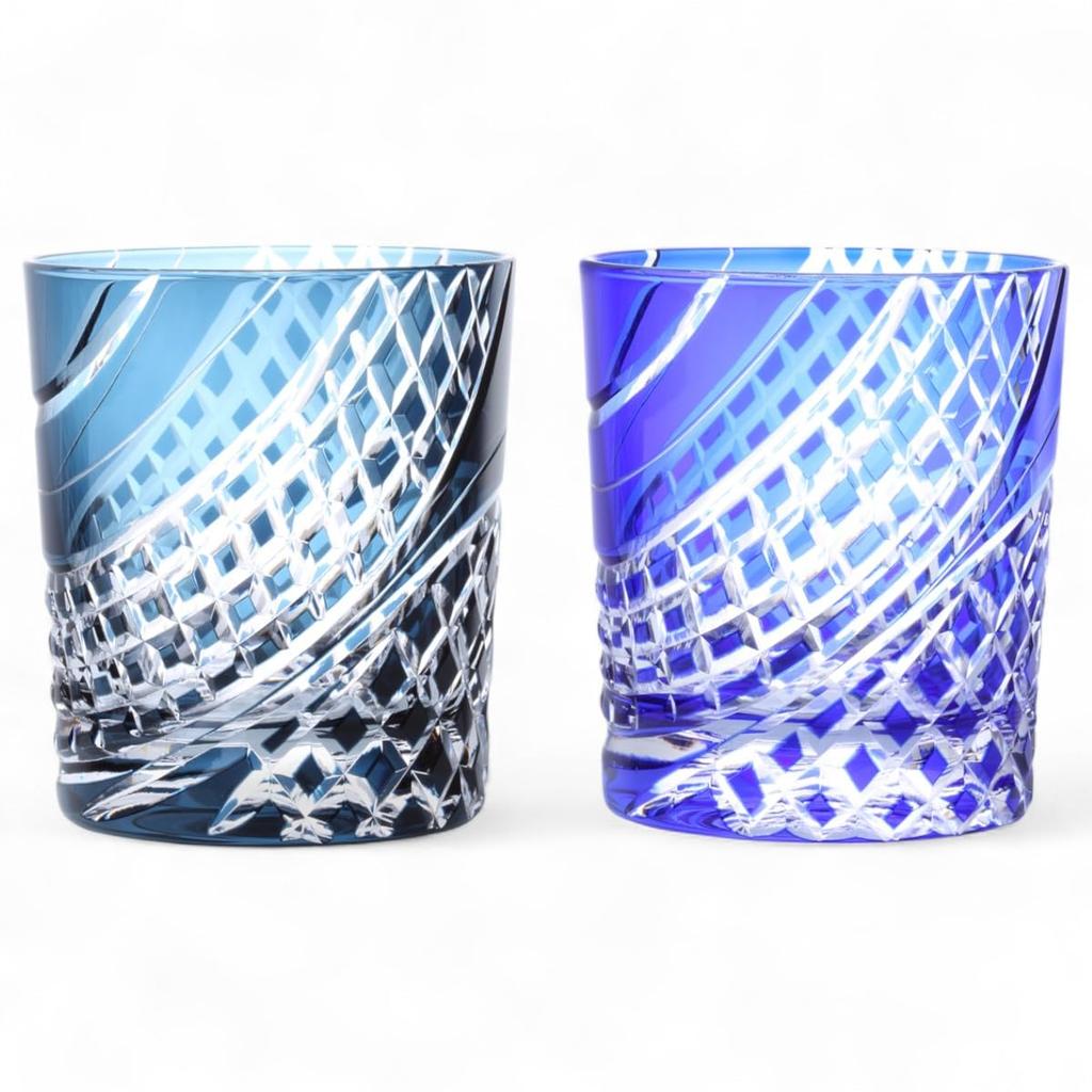 Mizukage Kiriko Pair of Glass Flowing Water Lattice Ink Blue Current Model J-kitchens Cups, 80xH90mm, 280cc, Pattern, & Blue, Bisho,