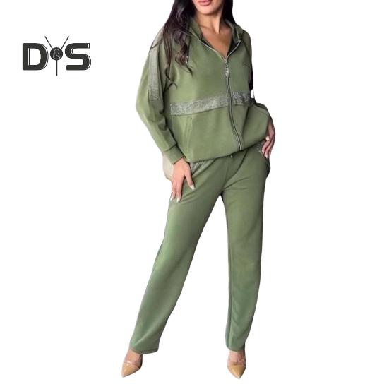 Ensemble de 2 pièces pour femme, sweat-shirt et pantalon à paillettes, capuche, manches longues, fermeture éclair, sport, taille élastique, tenue de fitness, automne, printemps, déplacements