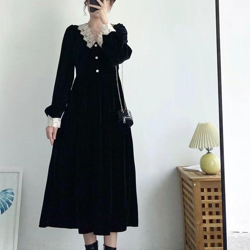 Plus Size Women s Gold Velvet A-line Patchwork Dress - French Retro Slimming Waist for Autumn/Winter S