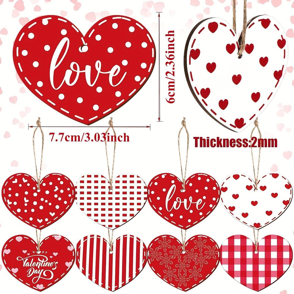 24pcs Rustic Heart Ornaments, Wooden Hearts, Red Pink White for Christmas & Valentine’s Decor, Hanging Home Wall Decoration