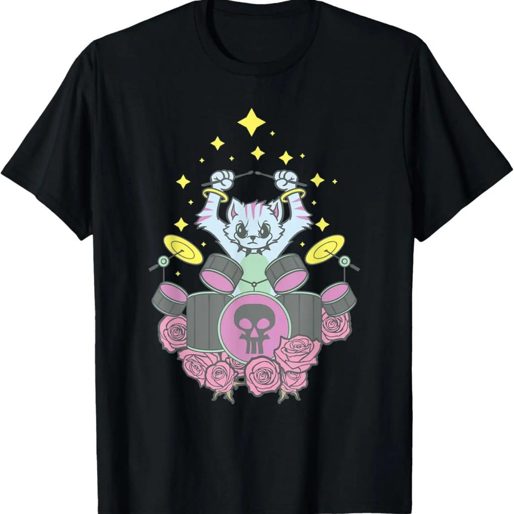 Pastel Goth Kawaii Heavy Metal Gift Drummer Cat Playing Drum T-Shirt
