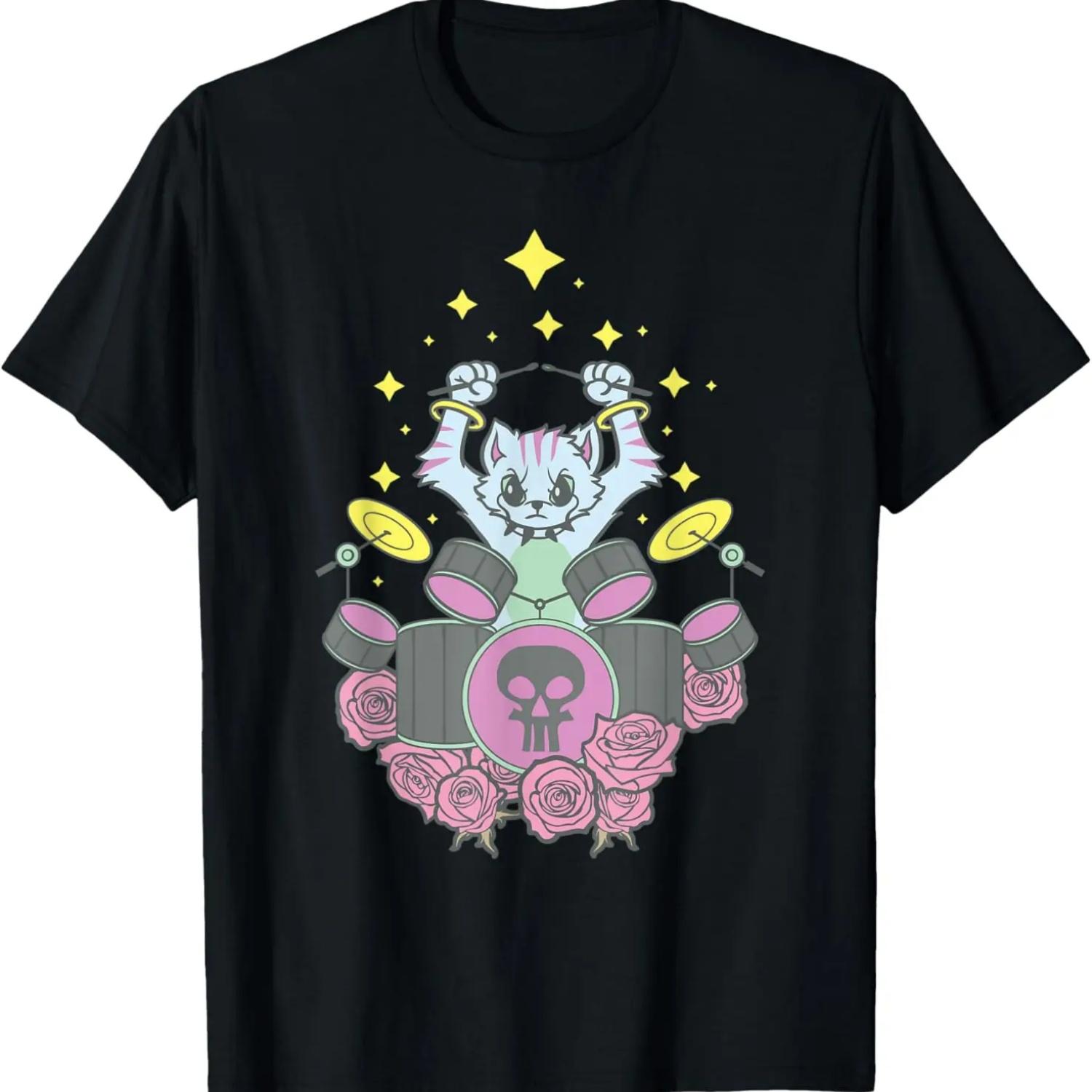 Пастельный гот каваий хэви-метал подарок барабанщик кот играющий на барабанах футболка S