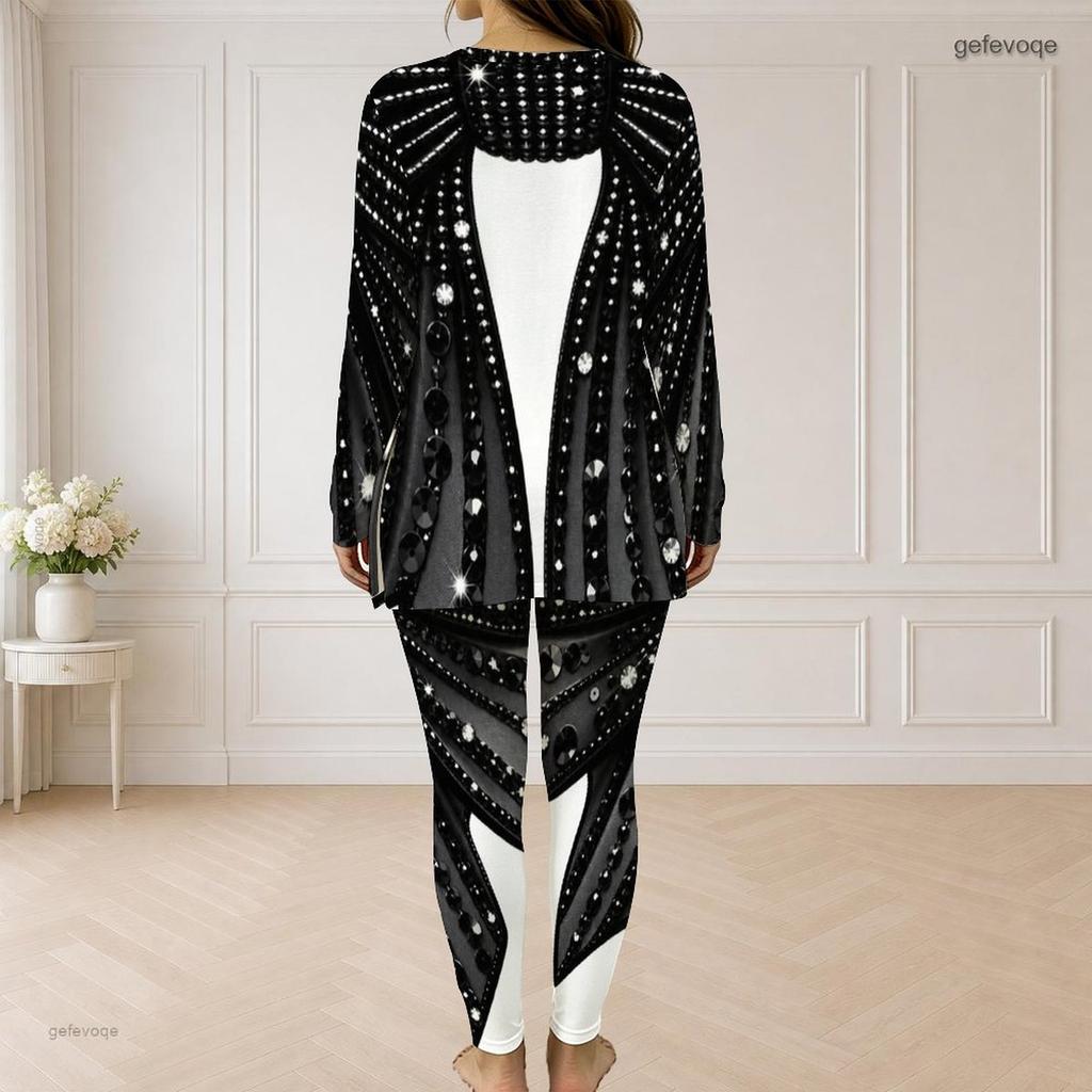 Women Plus Size Printed Two Piece Pants Set Front Zipper Long Sleeve Longline Top Fitted Long Pants Black Green Gold