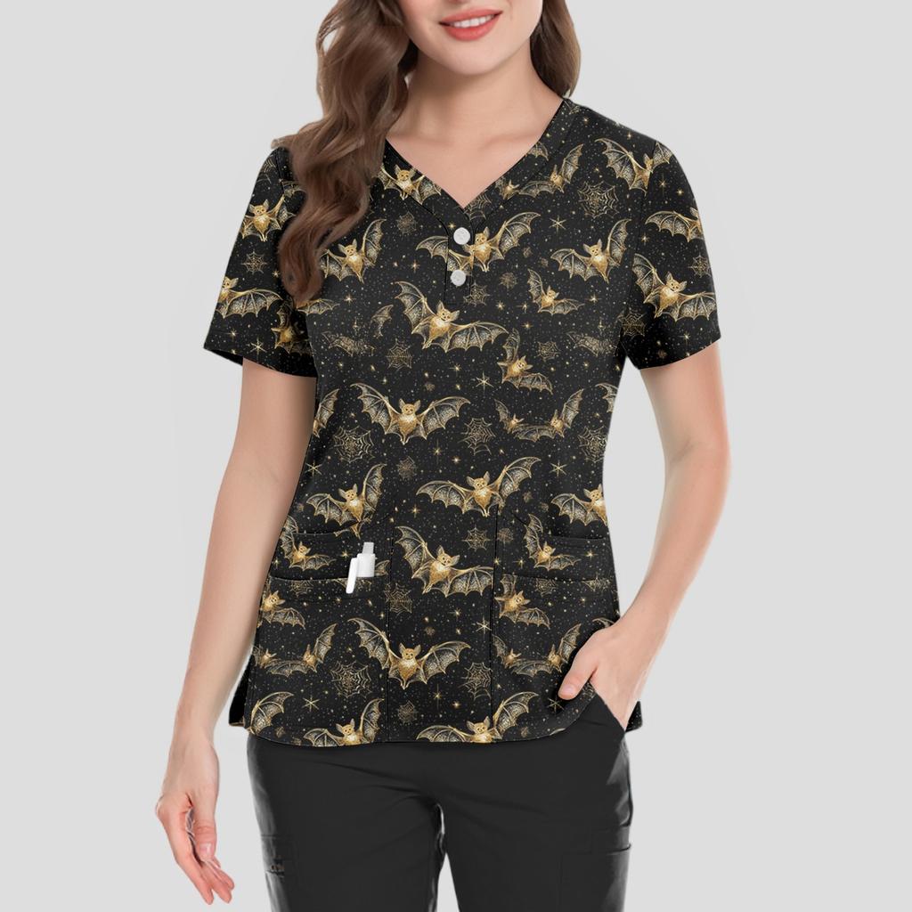 Women's Loose Short Sleeved Fashionable Halloween Print V-neck Buttonable Side Slit Top T-shirt