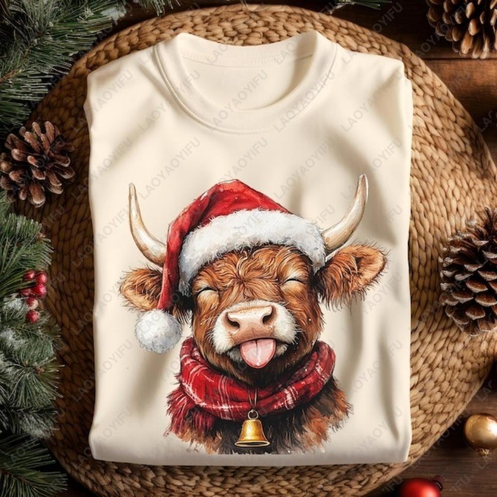 Funny Highland Cow Christmas Shirts Farm Cow with Santa Hat T-Shirt Xmas Bell Country Woman Men Christmas T Shirts Print Tops