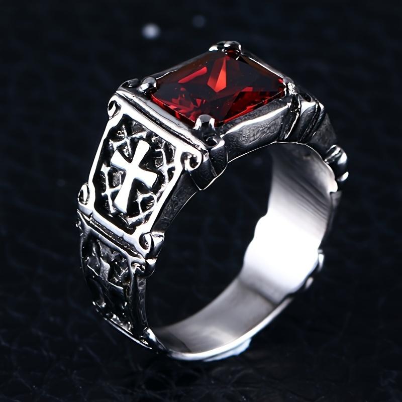 1pc Men's Cross Ring Personality Trendy Hip-hop Ring, Black Stone Open Ring Finger Ring