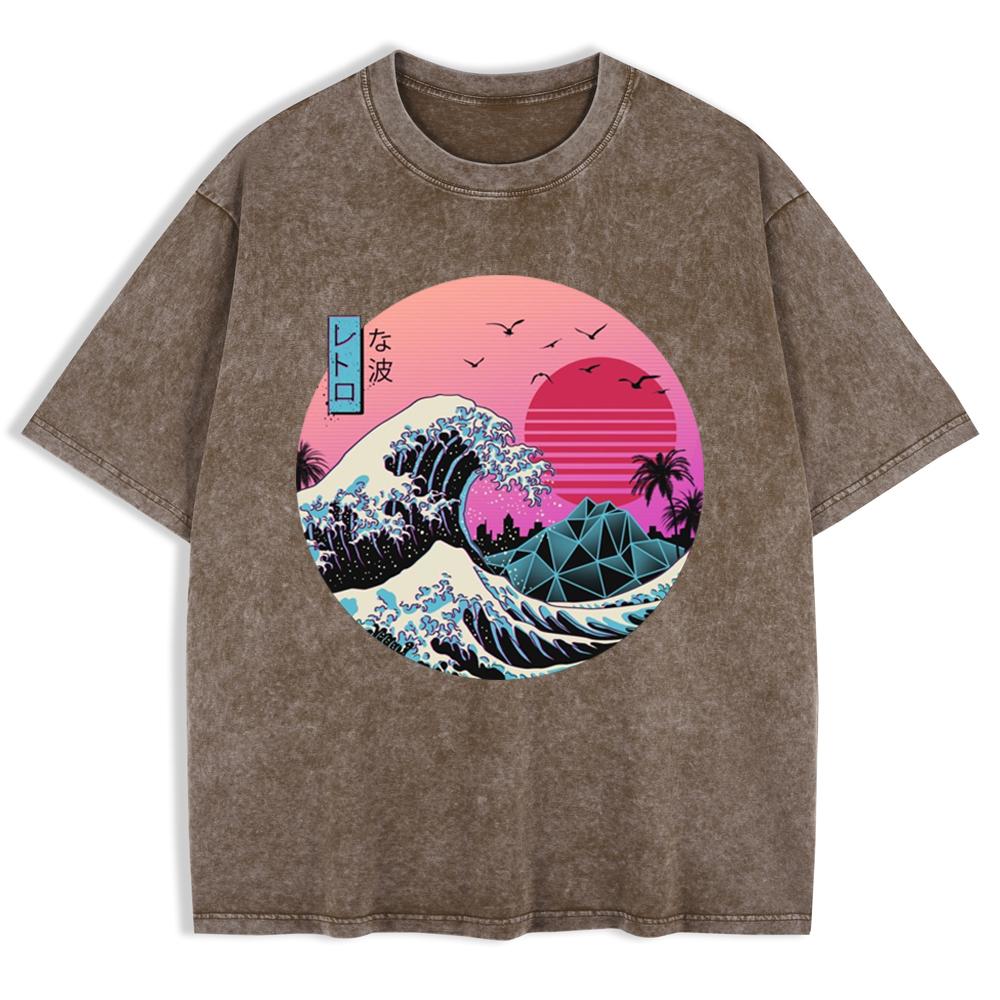 Japan Waves Printed Washed T-Shirts Mens Cotton Oversized T Shirt Summer O-Neck Short Sleeve Tops Basic Soft Clothes