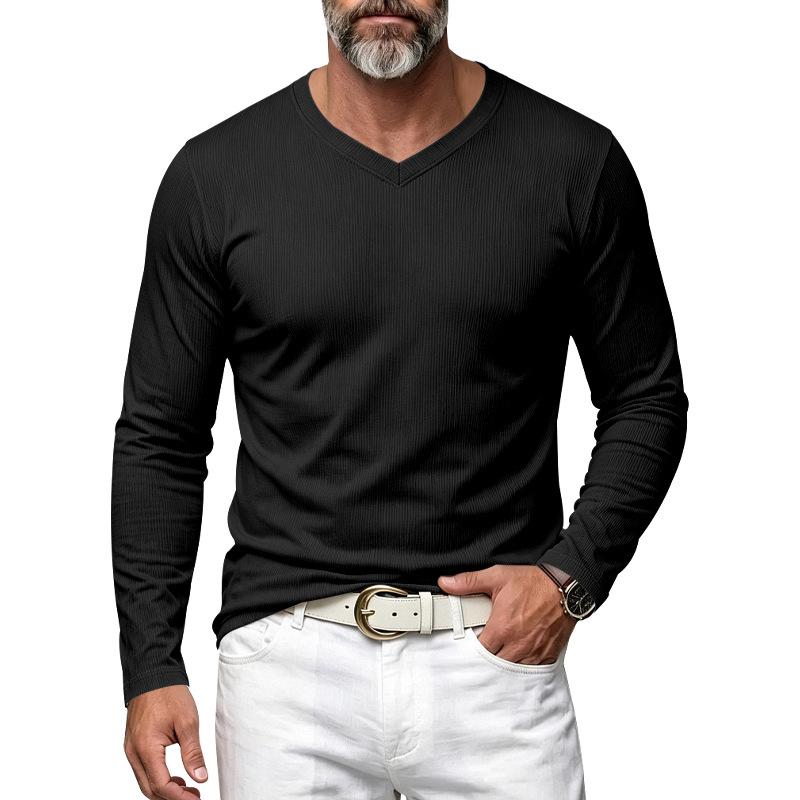 T-shirt da uomo a maniche lunghe con scollo a V a coste verticali, elasticizzata, vestibilità slim, maglia base, maglioni casual da indossare quotidianamente