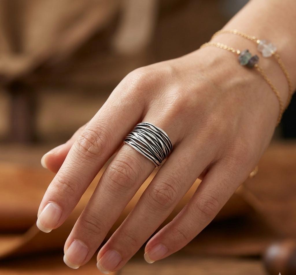 Handmade 925 Sterling Silver Wire Wrapped Band Ring, Adjustable Statement Cuff Ring for Men and Women