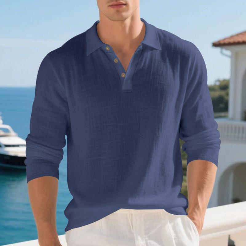 Mens Linen Loose Long Sleeve Casual Polo Shirt
