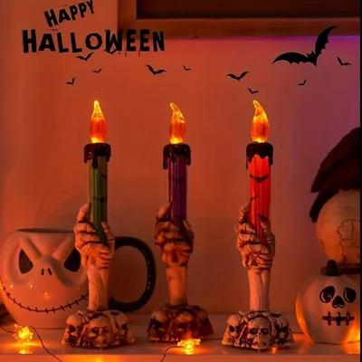3PCS Set Gothic Skull Hand Candle Light Flame,Battery Operated Led Candle for Halloween Room Decor Party Horror Ambience Prop