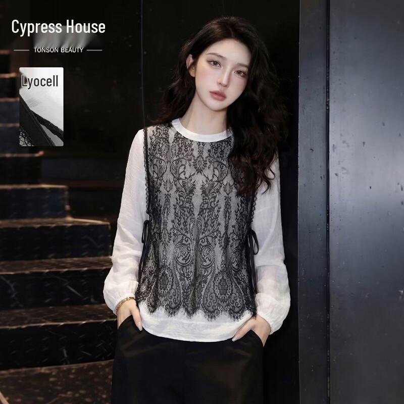 Women s Lyocell Faux Two-Piece Long Sleeve Color Block Blouse L