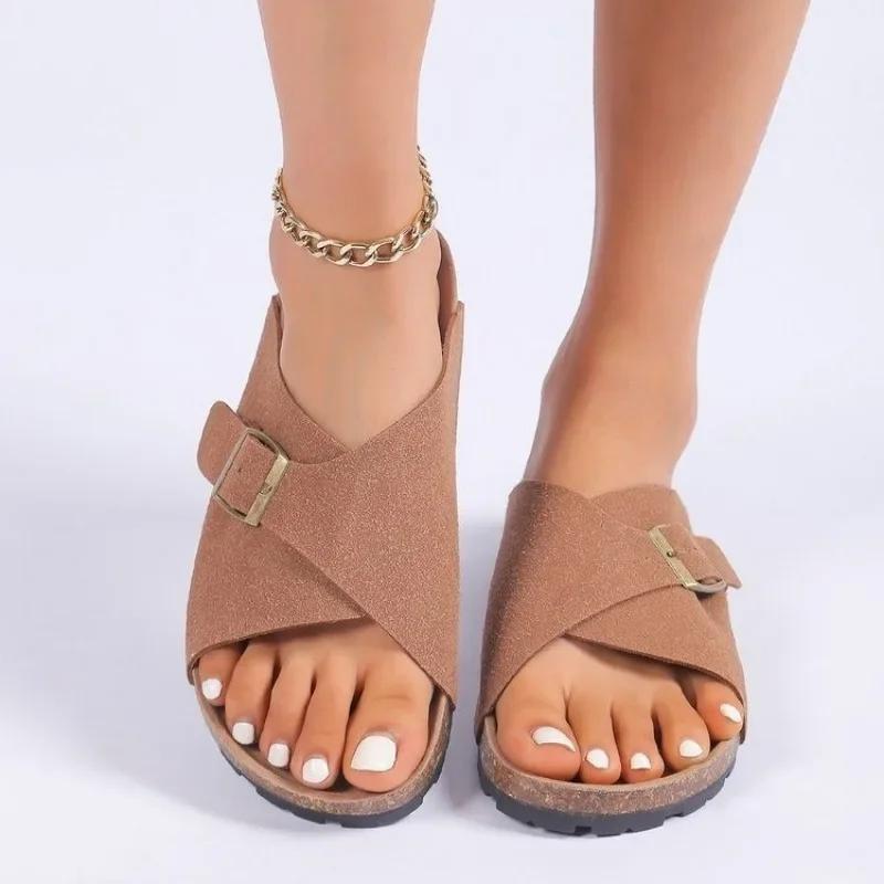 Fashion Women's Shoes 2024 Hot Sale Open Toe Women's Slippers Summer Rome Buckle Solid Flat Casual Beach Comfortable Large Size Slippers
