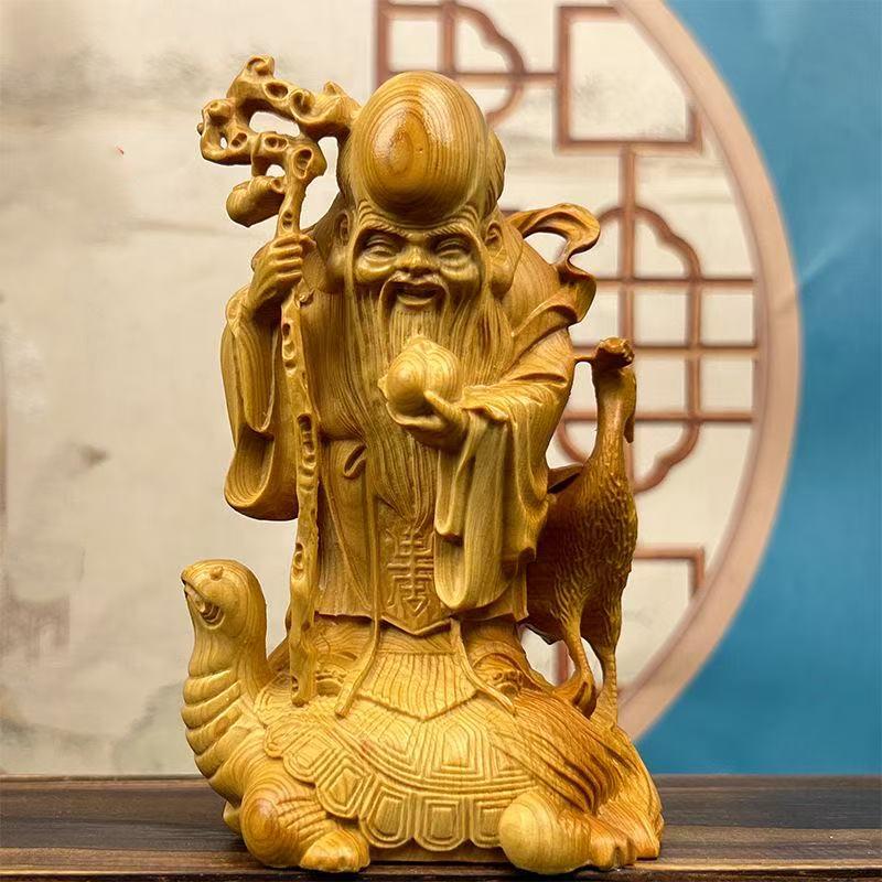 Natural Cypress Riding Turtle Longevity Star sculptures and figurines wood carving  Home Room Office Wealth Luck Feng Shui Decor