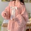 Women Bow Fried Dough Twists Pink Sweaters Korean Gentle Loose V-neck Sweater Autumn Fashion Versatile Lady Pullover Top