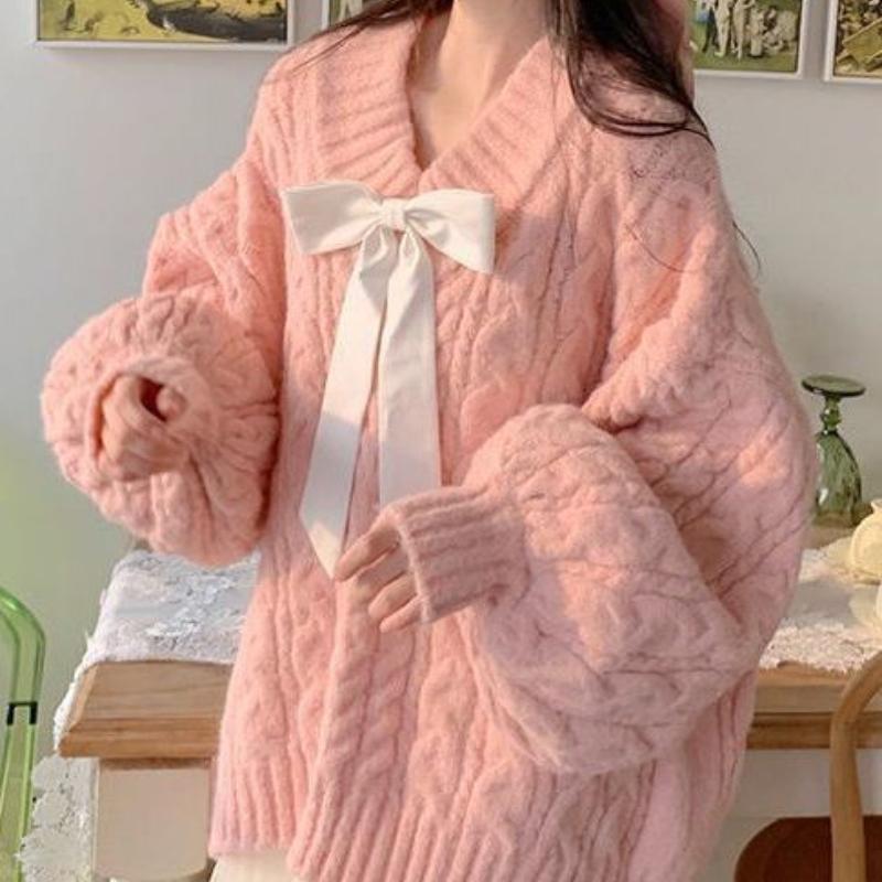 

Женские розовые свитера с бантом, жареные пончики, корейский нежный свободный свитер с V-образным вырезом, осенняя мода, универсальный женский пуловер Onesize