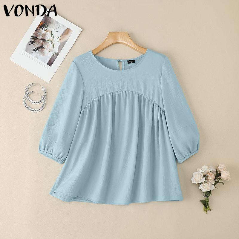 

VONDA Women Casual O-neck 3/4 Sleeve Solid Elegant Blouses Tops 5XL синий
