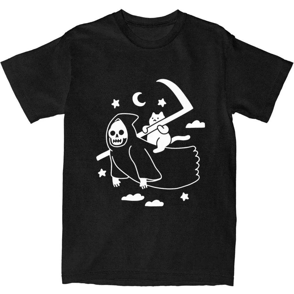 Cat Riding Grim Reaper Goth Merchandise T-Shirt Men Women Gothic Humor Vintage  New Arrival Tee Shirts