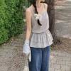 It has been warehoused and purchased, the new Korean version of the plaid drawstring versatile suspender top for women.
