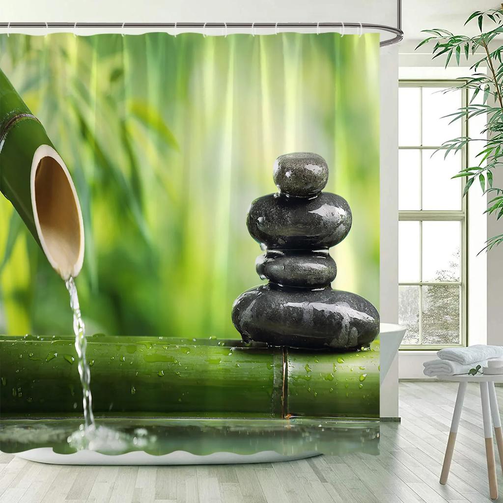Green Bamboo Zen Shower Curtains Set, Spa Stones and Orchids Flowers Polyester Fabric Bath Curtain with Hooks Bathroom Decor