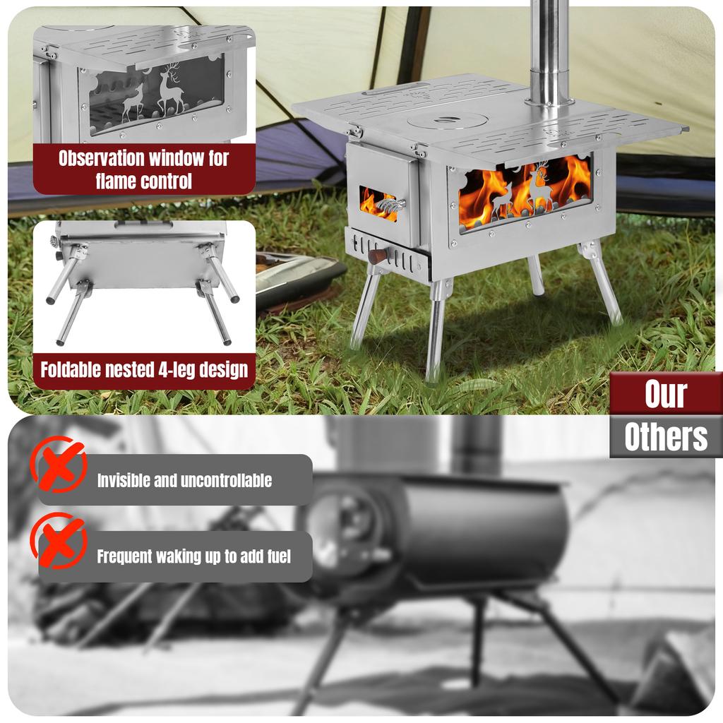 Hot Tent Stove with Stainless Steel Construction Wood Burning Tent Stove Chimney Pipes Included for Outdoor Cooking & Heating
