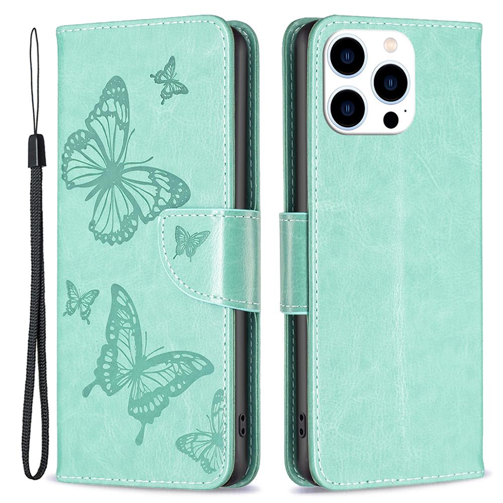 

For iPhone 16 Pro Case Butterfly Pattern Leather Phone Cover with Wrist Strap Green