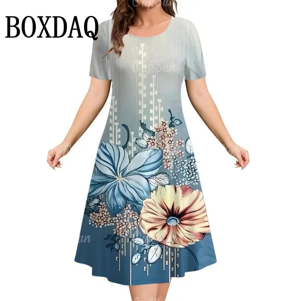 Summer Women's Dress Fashion Floral Pattern Short Sleeve Dresses Loose Plus Size Casual Round Neck Print Clothing Elegant Dress