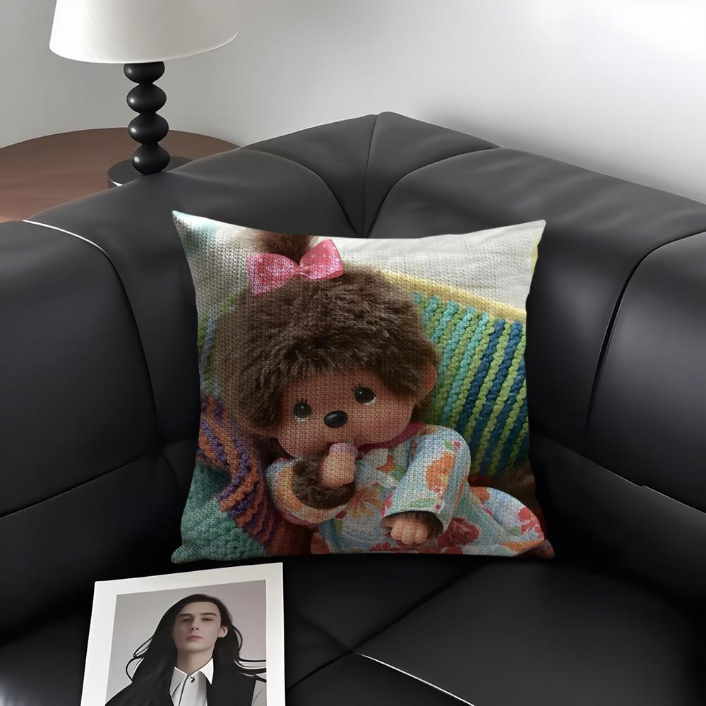 MMonchichis DollL Cute Cushion Cover Natural Linen Organic Fabric DoubleSided Printing Sofa Home Decor Gift Pillow Case