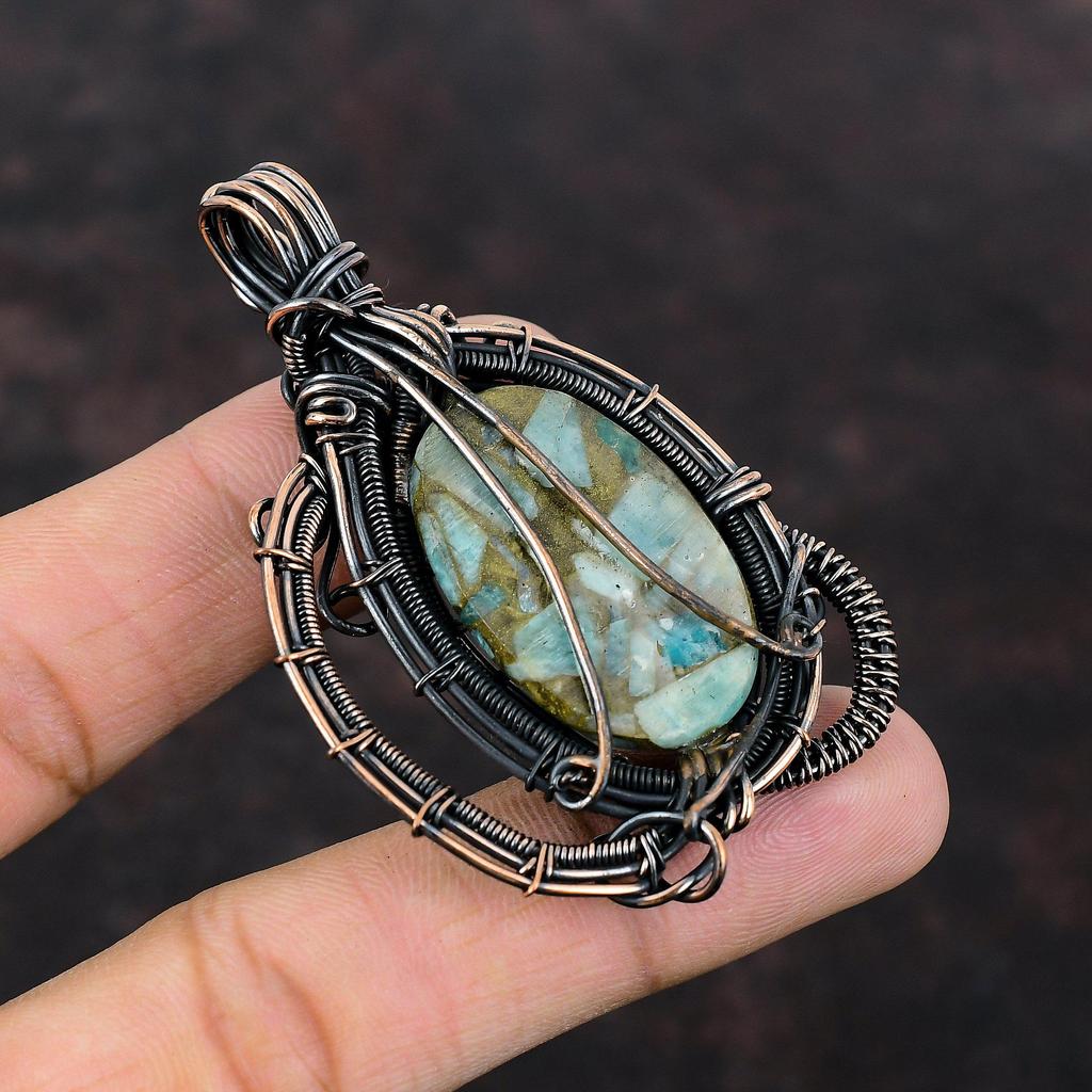Copper Amazonite Pendant Copper Wire Wrapped Pendant Natural Gemstone Handmade Pendant Copper Wire Wrap Jewelry Elegant Pendant Gift For Him