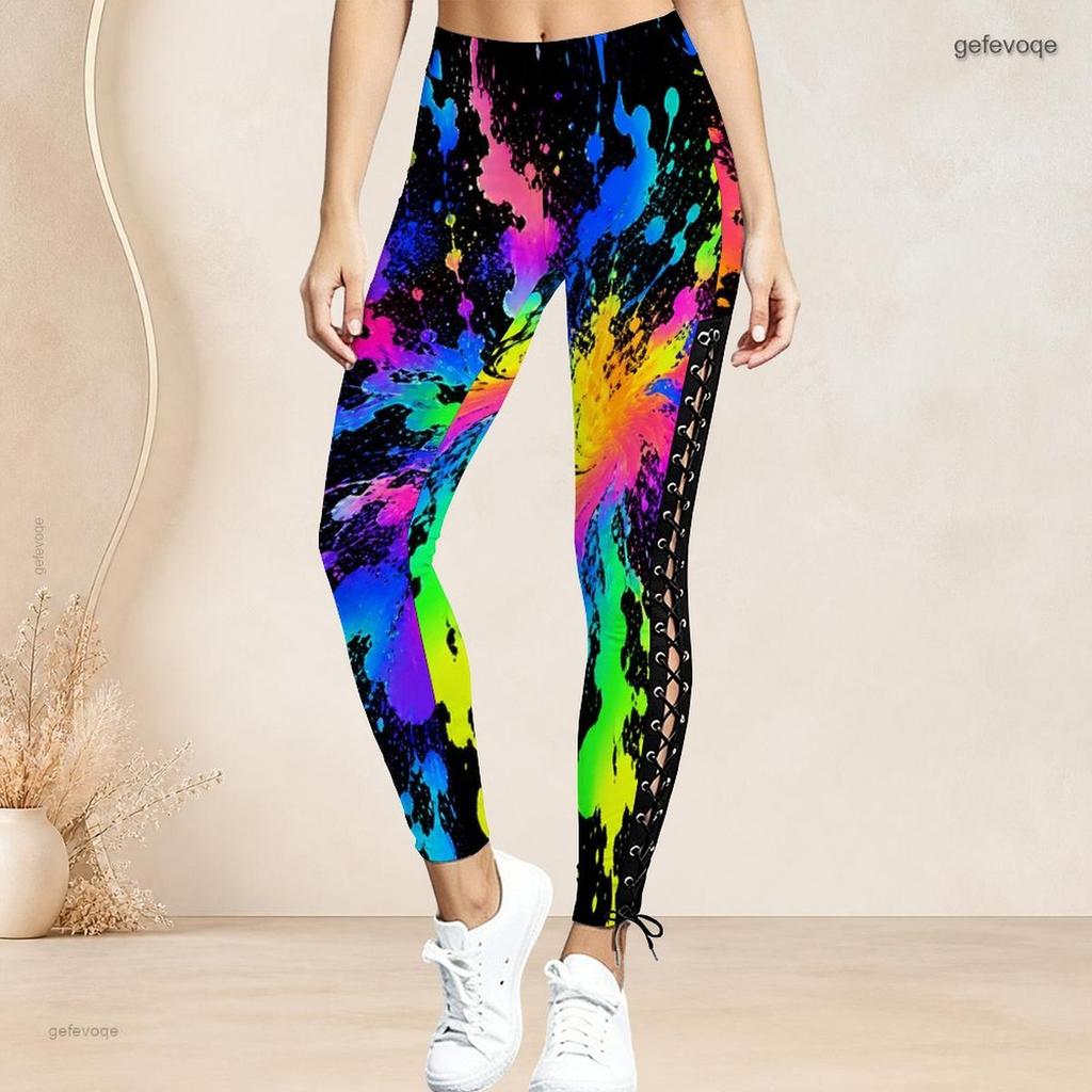 Women Plus Size High Waist Black Gold Printed Side Eyelet Lace Up Full Length Leggings