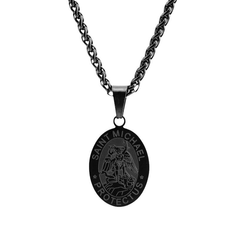 Men's Summer Trendy Black Saint Michael Pendant Necklace
