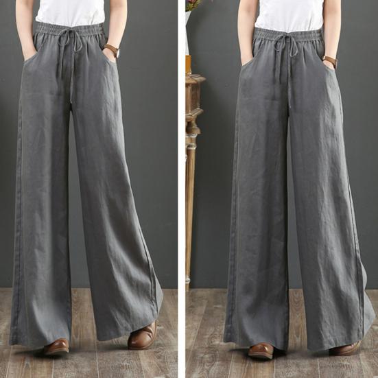 Casual Women Solid Color Wide Leg Pants High Waist Pockets Loose Long Trousers