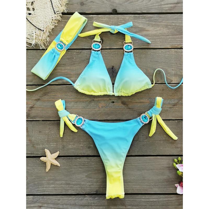 Luksusowy Bikini 2025 Kobiety Neonowy Zielony Gradientowe Dżety Push Up Mikro Kostium Kąpielowy Plażowy Kostium Kąpielowy Diamentowy Pasek 3-częściowy Strój Kąpielowy