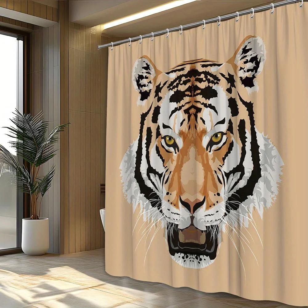 1pc Fierce Tiger Head Shower Curtain - Bold Geometric Tan Design, 70.87x70.87 Inches, 12 Hooks Included, Machine Washable Polyes