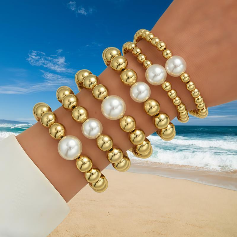 6Pcs/Set Fashion Gold Color CCB Bead Bracelets Vintage Imitate Geometric Bracelet For Women Daily Wear Jewelry