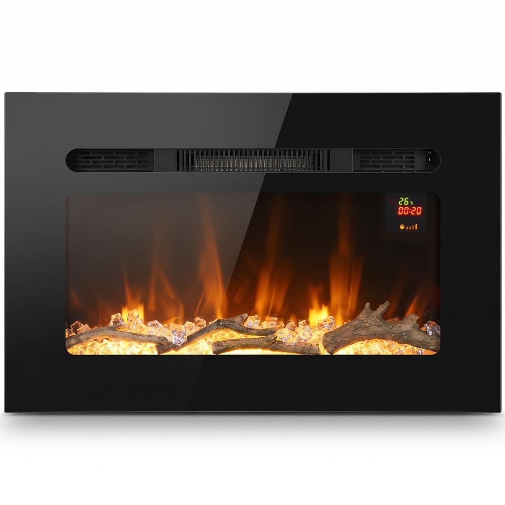 Electric Fireplace 60 cm Built-in or Wall Mounted, 1800W, 24-Hour Timer, Adjustable Flame, Crystals
