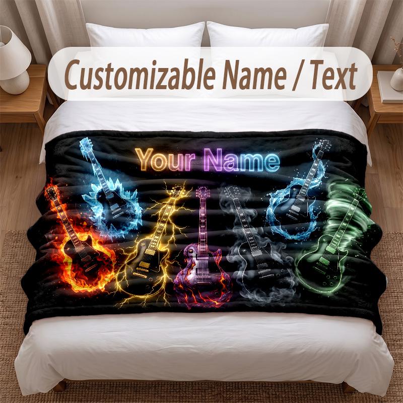 Music Guitar Theme Soft Blanket Personalized Custom Name Text Print Warm Blanket Home Sofa Bedroom Decor