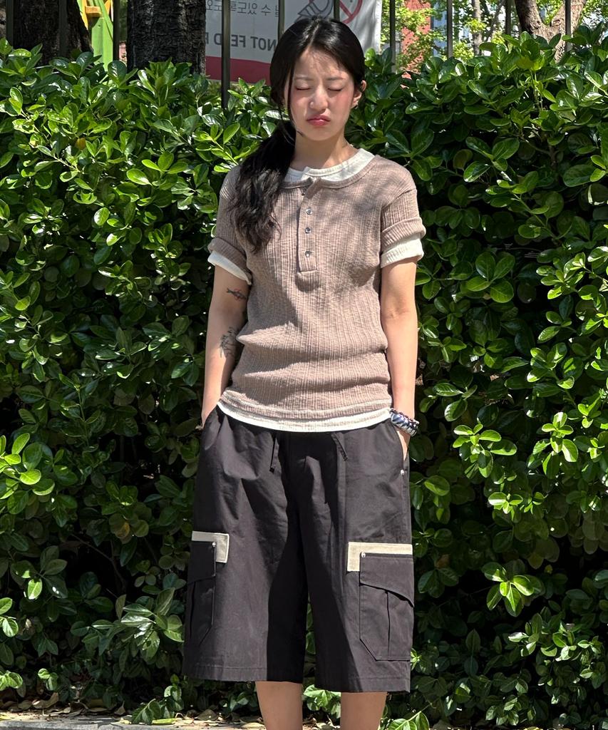 PARADIGMFILM [Ep.02] Slub Layered Henley Neck Knit Top (Beige)