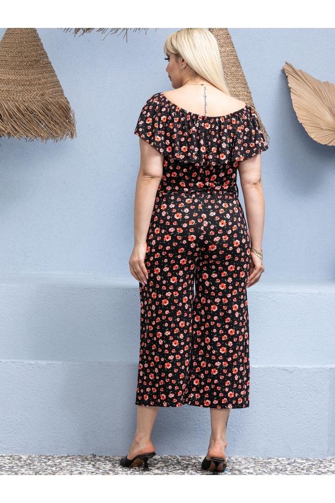 Women's Style Big Size Overalls Plus Size Gathered Madonna Collar Belted Flexible Viscose Jumpsuit