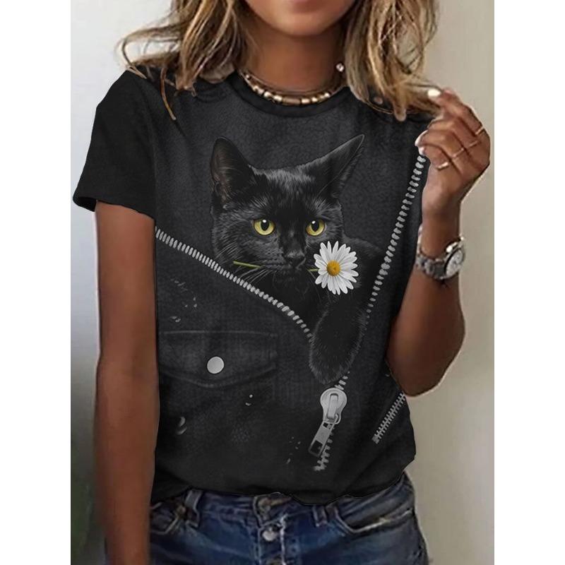 Women's round-neck T-shirt with a cat pattern print