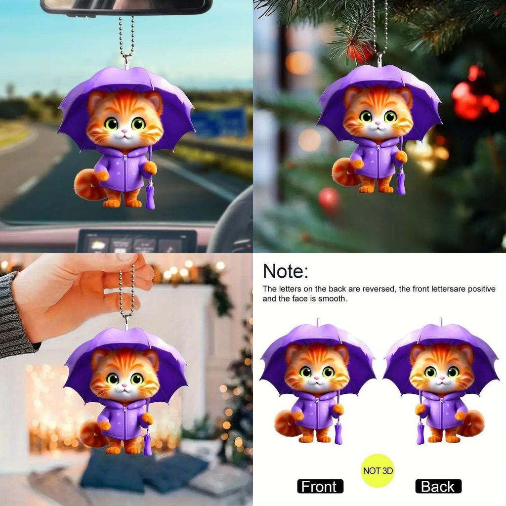 Umbrella Holding Cute Cat Pattern Acrylic Pendant For Car Decor Accessories