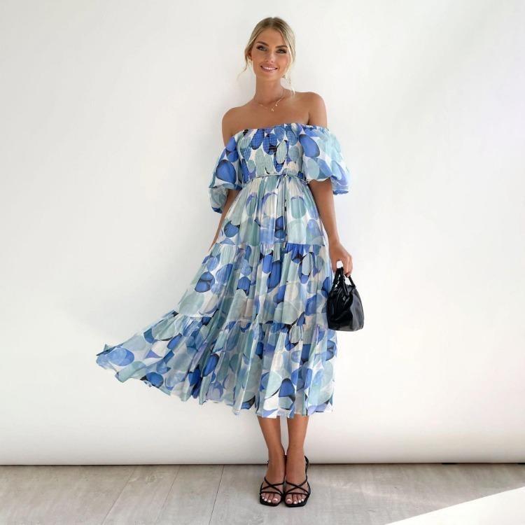 Fashion Summer Dress Women Strapless Print Pleated Short Sleeve Ankle Length