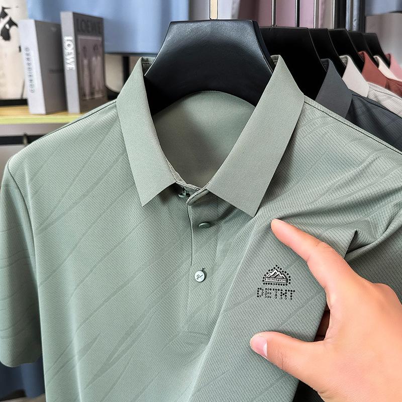 Pánské pulovrové tričko s klopou z ledového hedvábí s krátkým rukávem, trendy polokošile, ležérní top pro otce