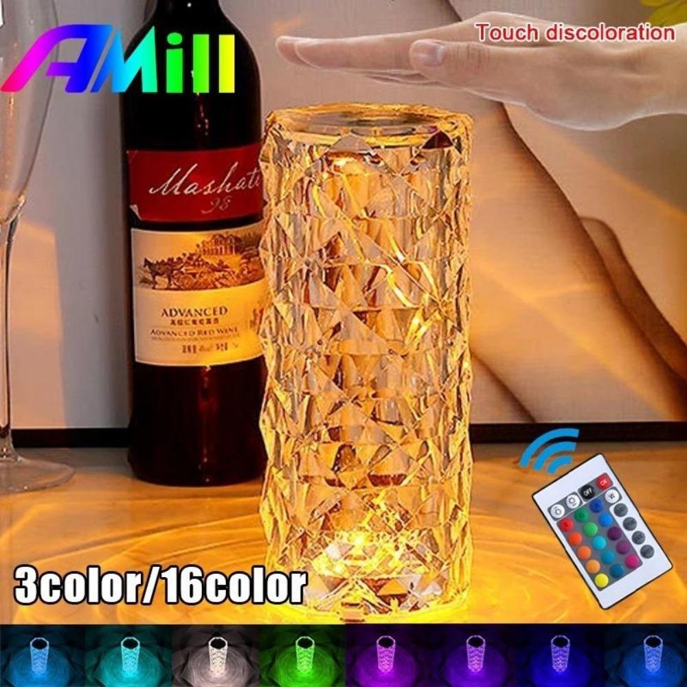 Lámpara de mesa de cristal Amill, lámparas de diamante remotas táctiles de 3/16 colores, decoración de habitación, atmósfera, luz de noche junto a la cama, luces de proyector de escritorio